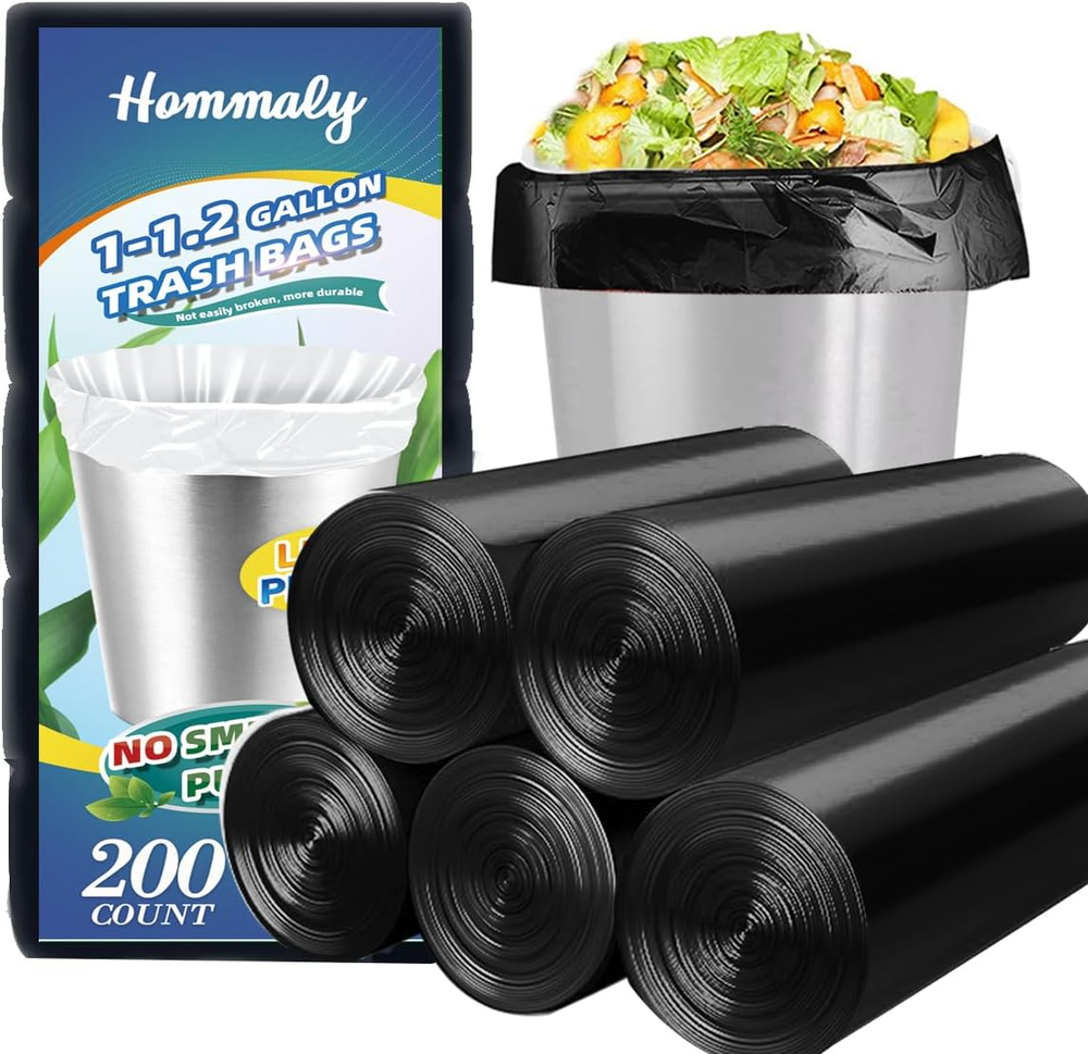 1 Gallon (Fit 1-1.2 Gal)200 Pcs Small Black Trash Bags, Strong 1.2 Gallon Garbag