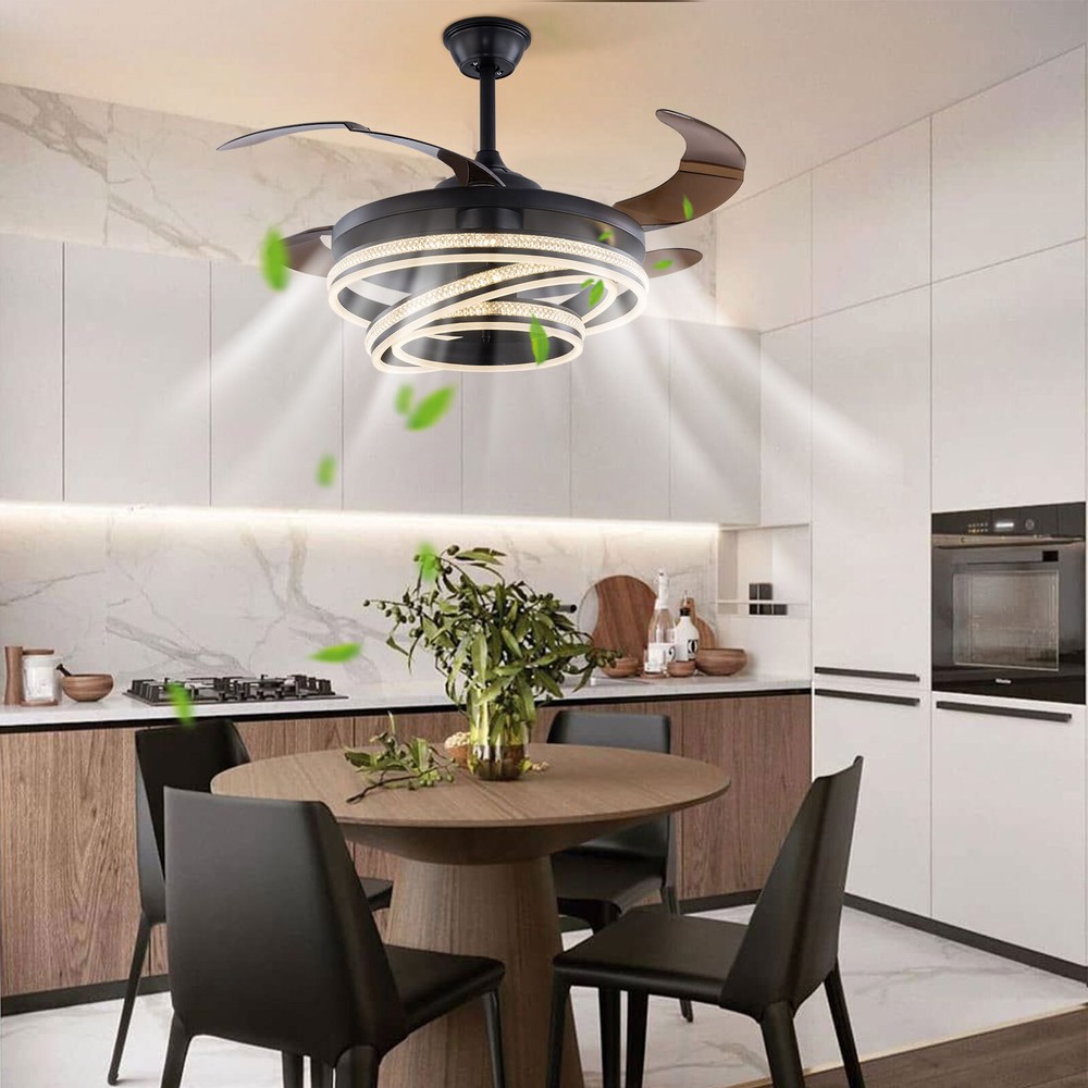 42 Inch Black Ceiling Fan with Remote 3 Color Retractable LED Light  