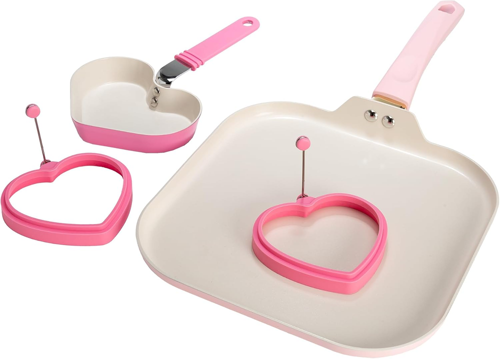 Breakfast Ceramic Nonstick Cookware Set Includes Square Griddle Mini Heart Rings