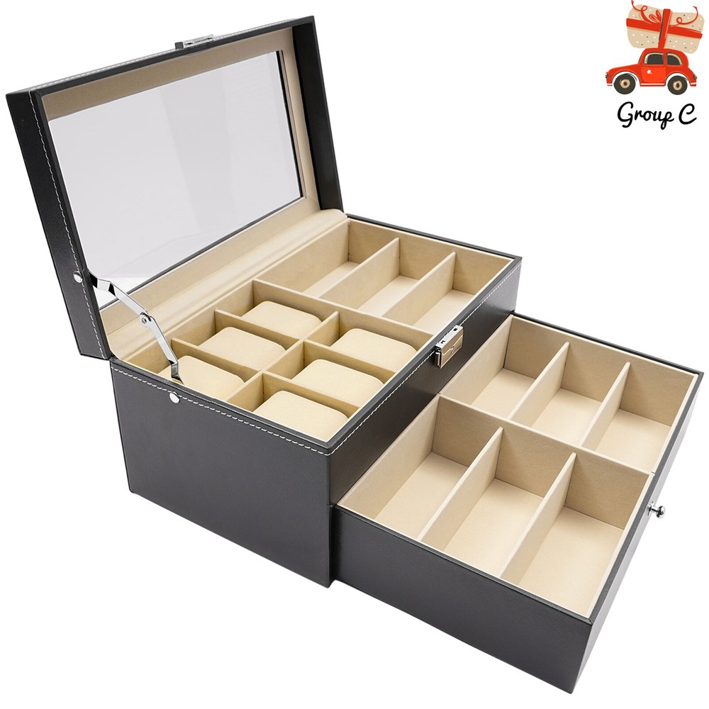 9+6 Slots Watch Box Eyeglasses Jewelry Sunglass Storage Drawer Lockable Case