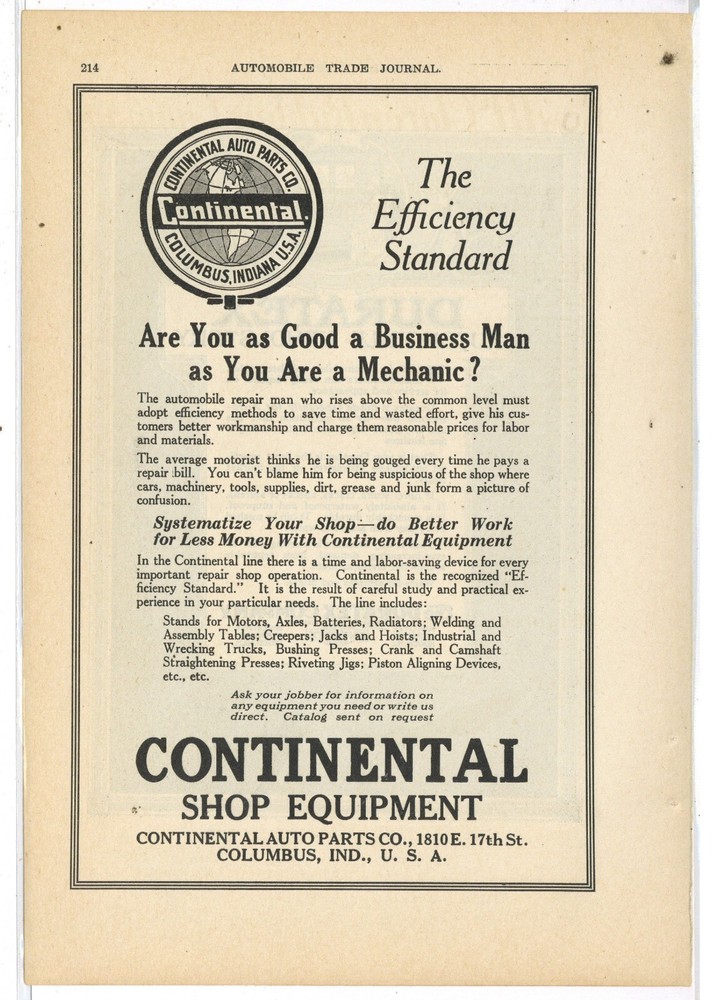 1920 Continental Shop Equipment Co. Ad: Auto Parts - Columbus, Indiana
