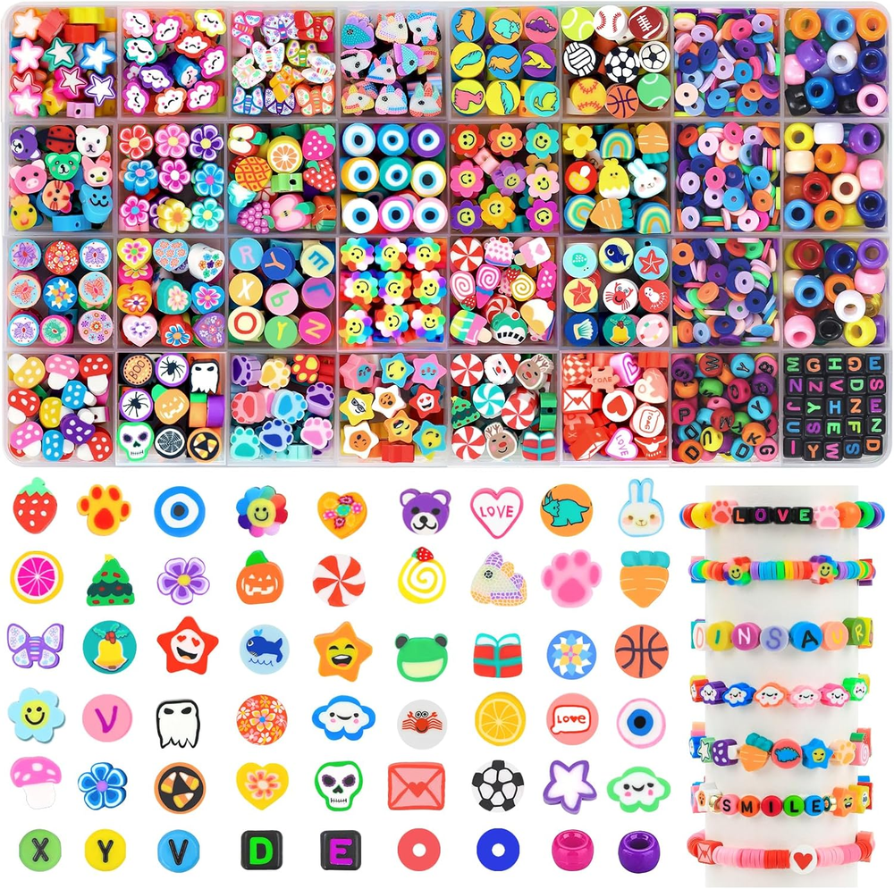 1060Pcs Polymer Clay Beads Charms Kit with 28 Cute Fun Styles for Jewelry Making
