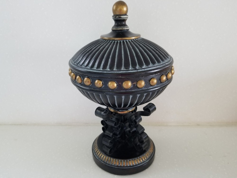 Vintage Ceramic and Metal Felt-Lined Decorative Jewelry Trinket Box Chalice 11x7 Inches