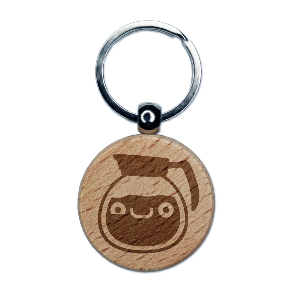Kawaii Coffee Pot Engraved Wood Keychain Cute Caffeinated Charm Tag  