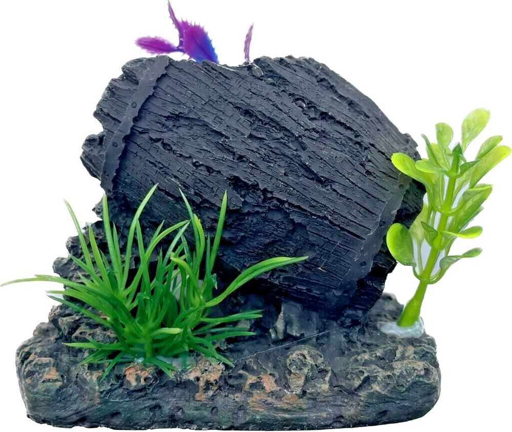 Wooden Barrel with Green Plants Aquarium Resin Ornament Terrarium Decoration