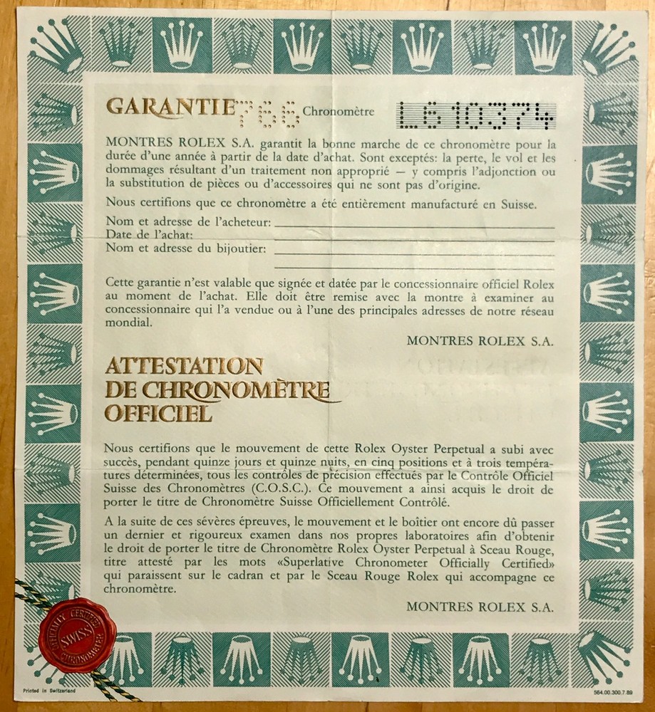 Rolex Certificate DAYTONA SUBMARINER GMT EXPLORER SEA DWELLER DATEJUST #L610374/