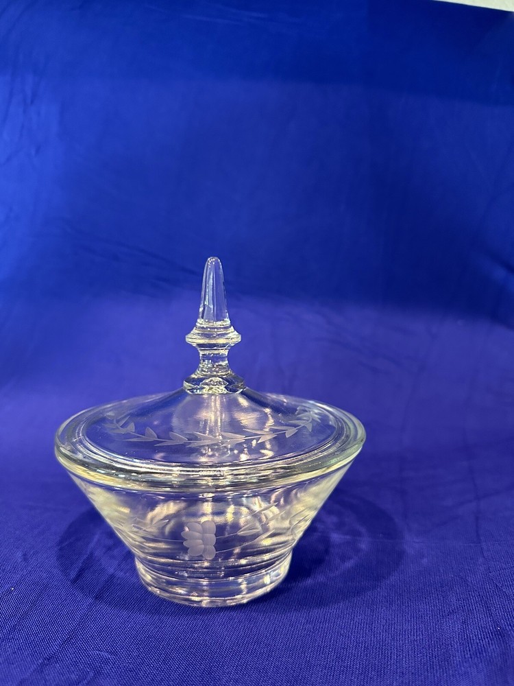 Vintage Princess House Heritage Floral Etched Glass Candy Dish. Lid Included.