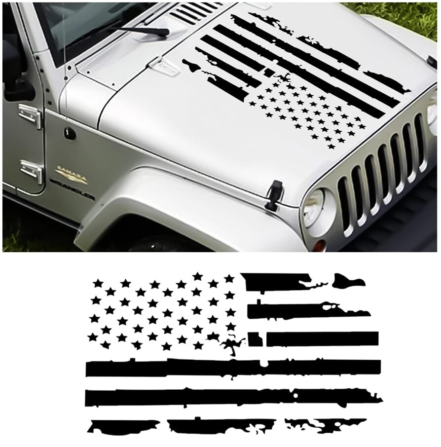 1x Distressed USA Flag Hood Vinyl Sticker Decal Fits For Jeep Wrangler Any Hood