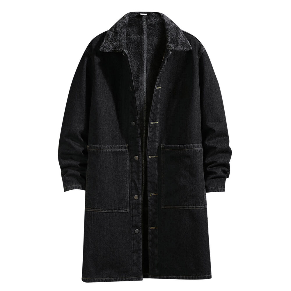 Mens Winter Autumn Loose Casual Denim Trench Coat Long Coat Warm Jeans Jacket