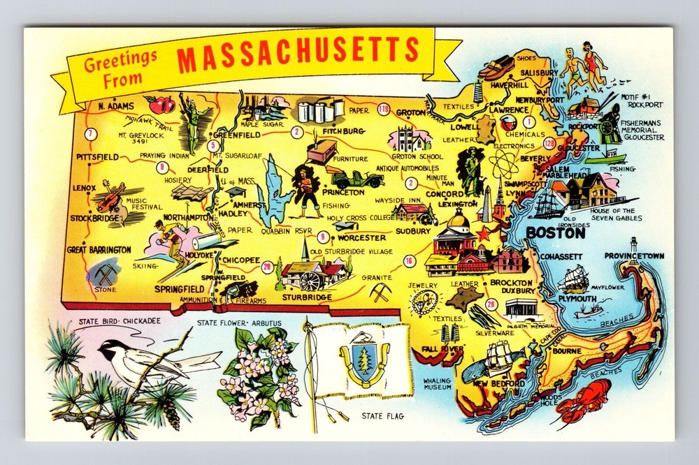 MA-Massachusetts, Scenic Map Greetings, Landmarks, Vintage Postcard