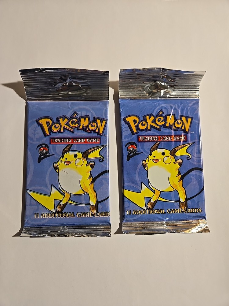 POKEMON BASE SET 2 BOOSTER PACKS(2) RAICHU FACTORY SEALED LONG CRIMP WOTC 2000