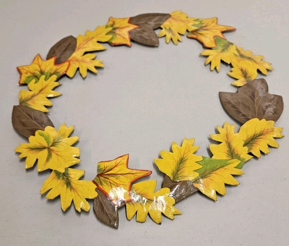 Vintage Haitian Folk Art Metal Wreath with Hand-Painted Fall Leaves