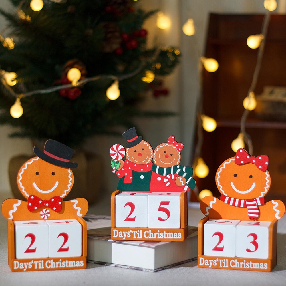 Wooden Christmas Advent Calendar 2024 Wooden Blocks Desk Gingerbread Man innate