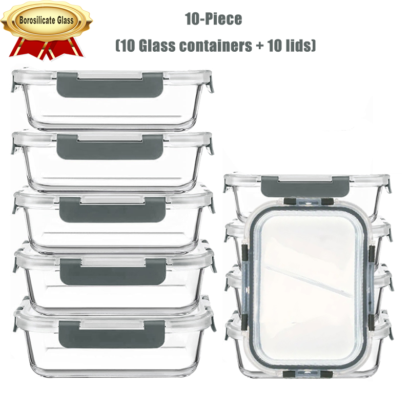 Microwave Safe Grey Glass Food Storage Containers with Airtight Lids Set of 20