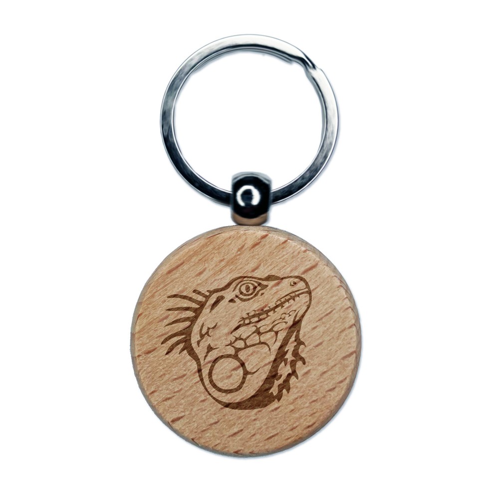 Spiny Green Iguana Lizard Head Engraved Wood Round Keychain Tag Charm