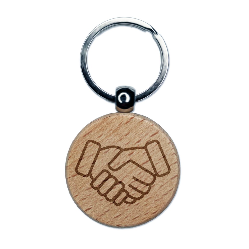 Shaking Hands Agreement Icon Engraved Wood Round Keychain Tag Charm