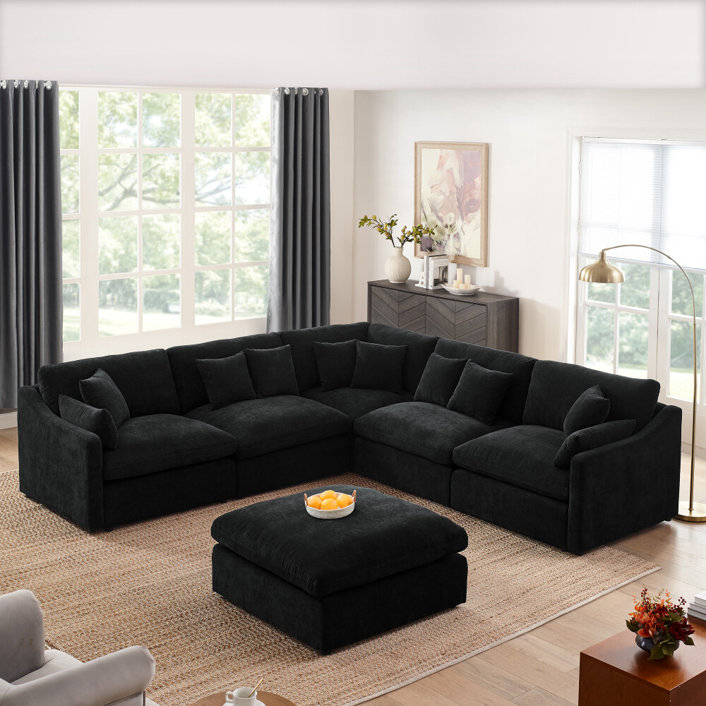 6-Seat Modular L-Shaped Sectional Sofa with Ottoman & 10 Pillows