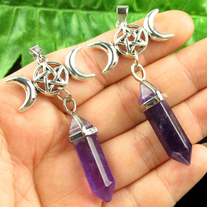 2pcs Amethyst Gems Moon Star Pendants Chakra Reiki Healing Amulet K88244