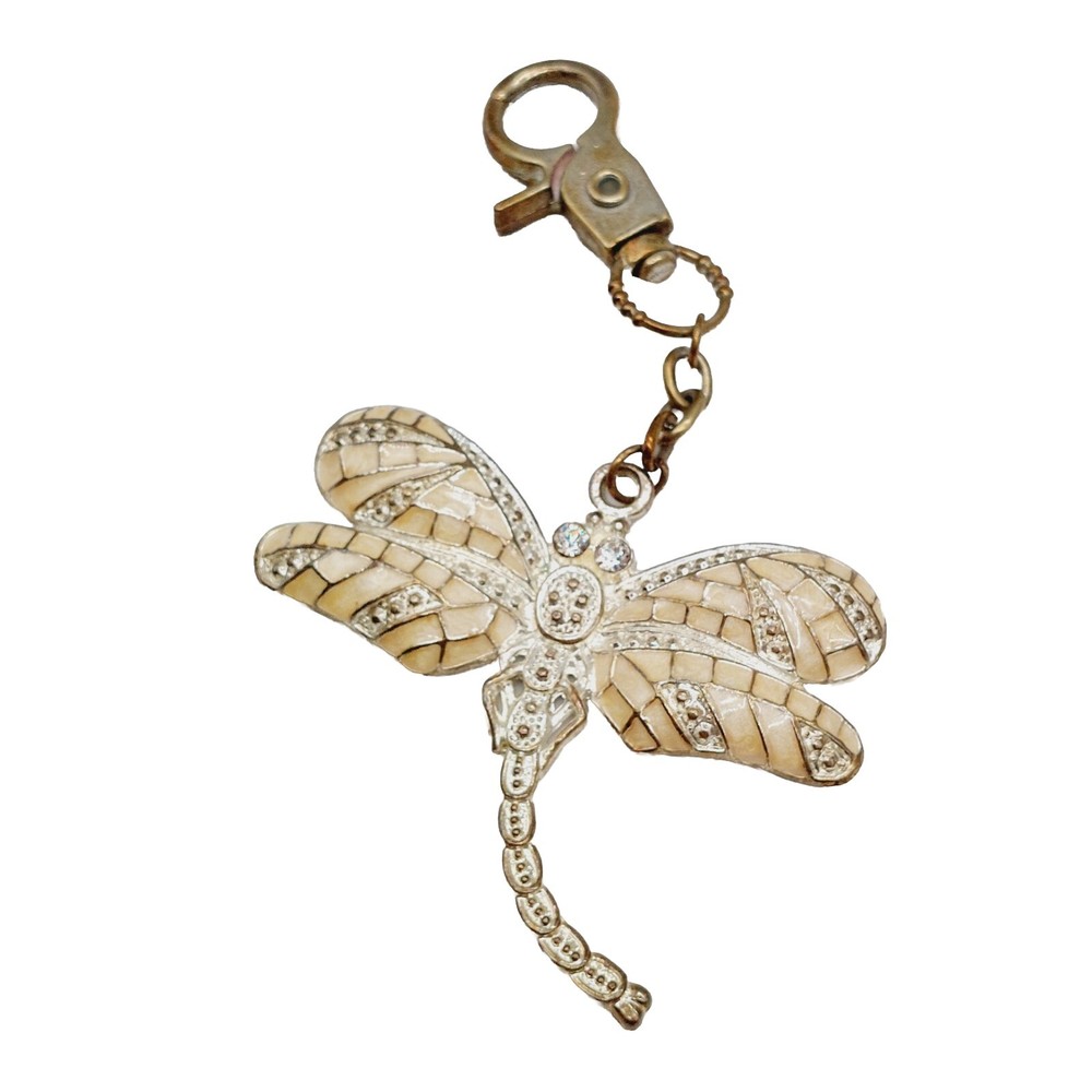 Dragonfly Keychain Crystals Metal Enamel Keyring Purse Clip Yellow Gold Tone