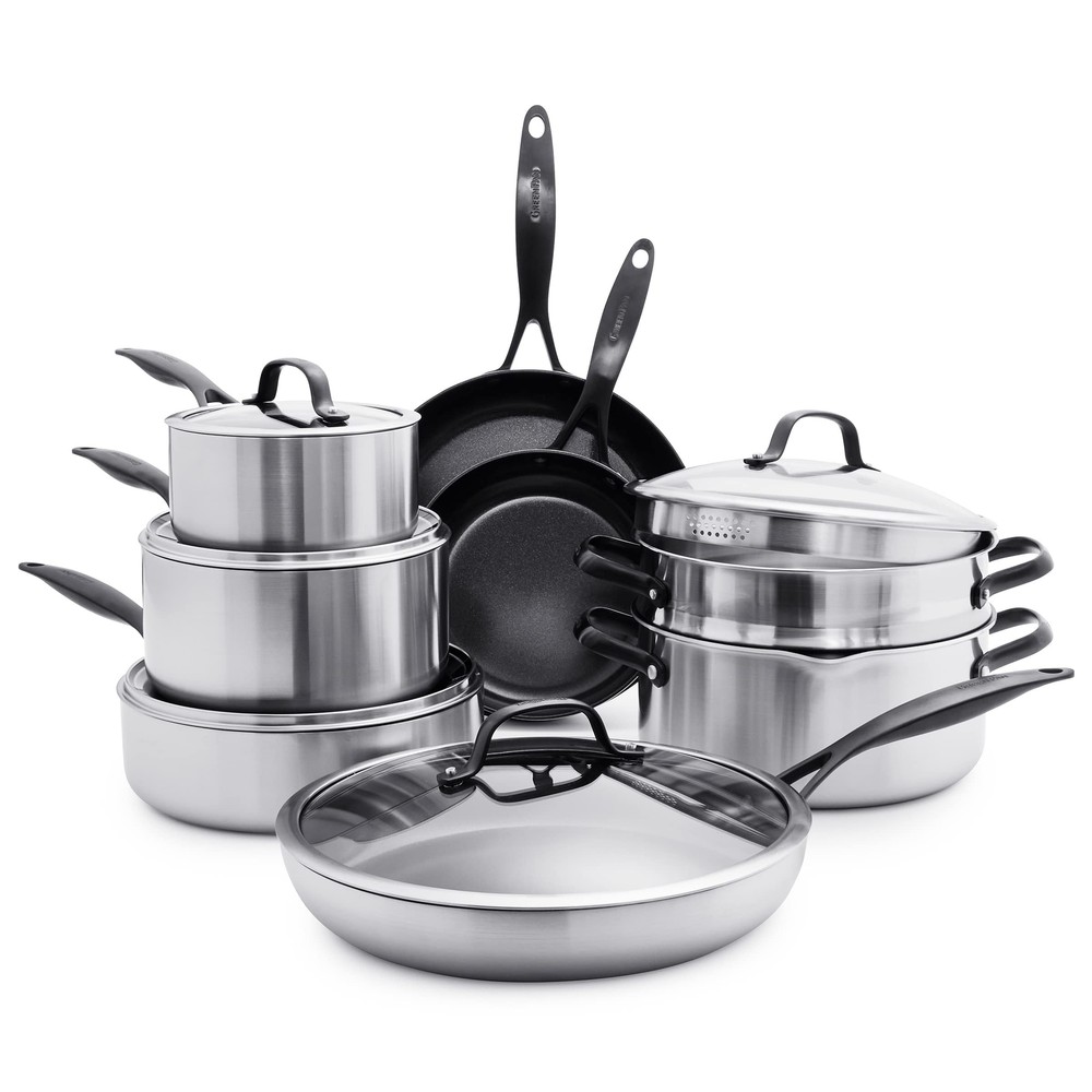 GreenPan Venice Pro Noir 13-Piece Tri-Ply Stainless Steel Ceramic Nonstick Cookware Set Silver