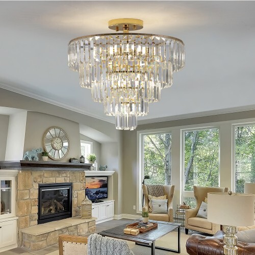 5-Tier Gold Crystal Semi Flush Mount Round Chandelier Light Fixture