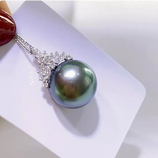 Natural AAAA Round 11-12mm Nanhai Black Pearl Pendant Necklace 925S 18 inch