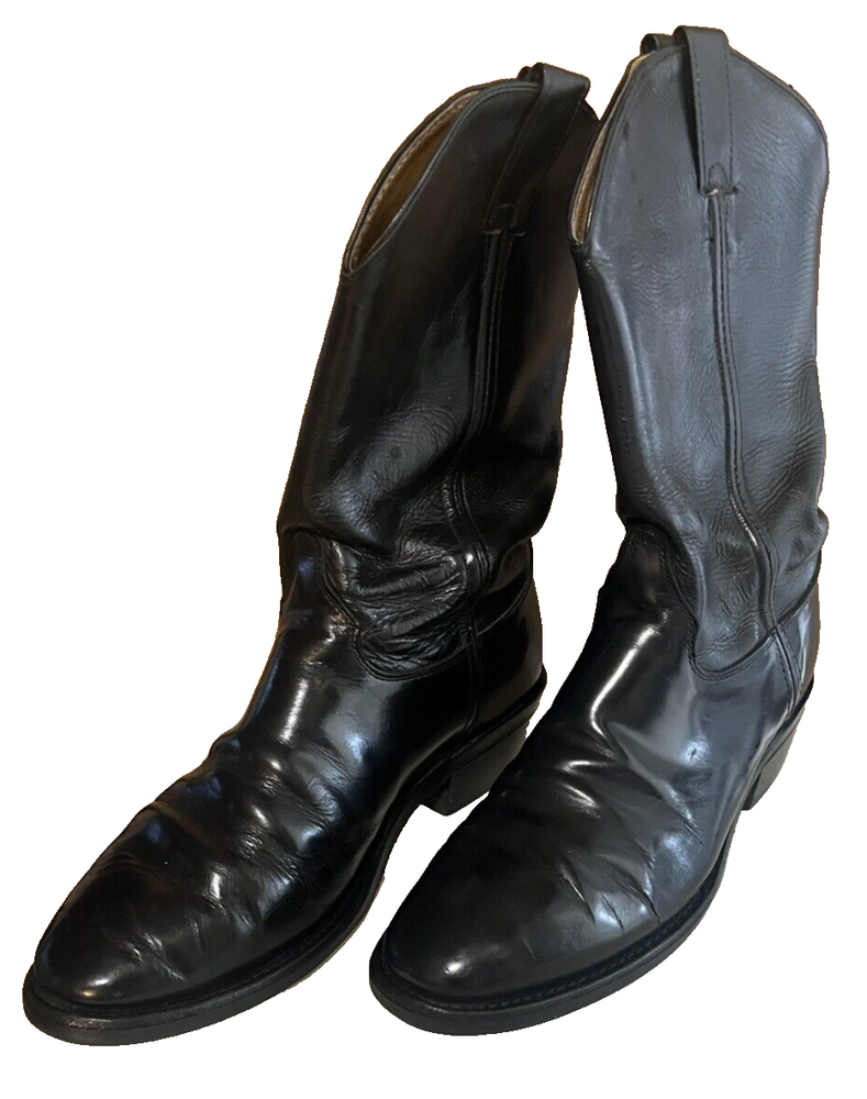 Justin Roper Western Boots for Men Size 10 3E Black Leather Pull-On Cowboy Shoes