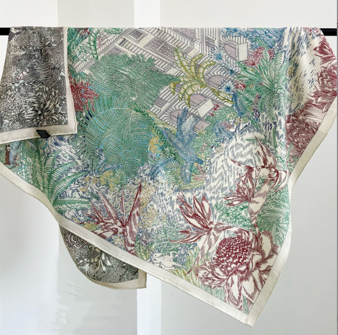 70% Cashmere 30% Silk Wrap Scarf with Tropical Rainforest Print Luxurious Shawl 53 Inches New