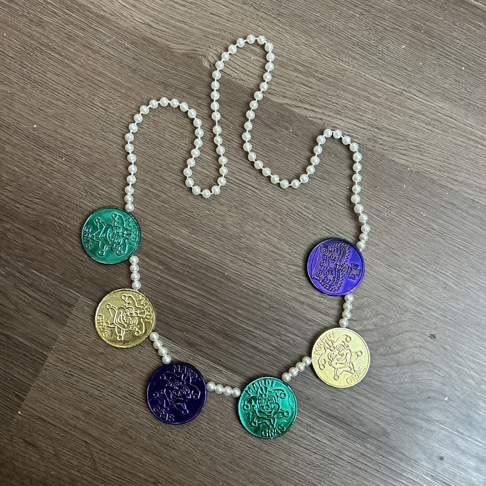Vintage Mardi Gras Bead Necklace 6 Coin Shaped Emblems Gold Green Purple