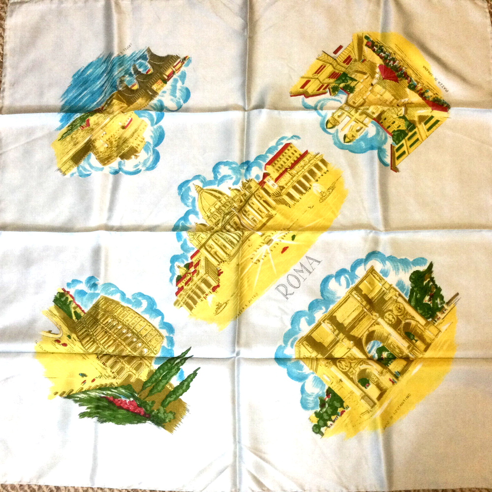 Vintage Silk Square Scarf Architecture Roma  Italy Light Blue Yellow  30x30