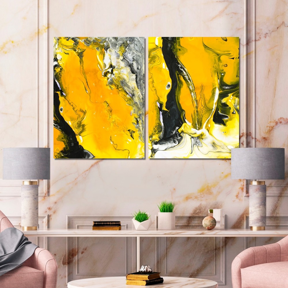 Designart 'Yellow Black And White Liquid Art VI' Modern Art