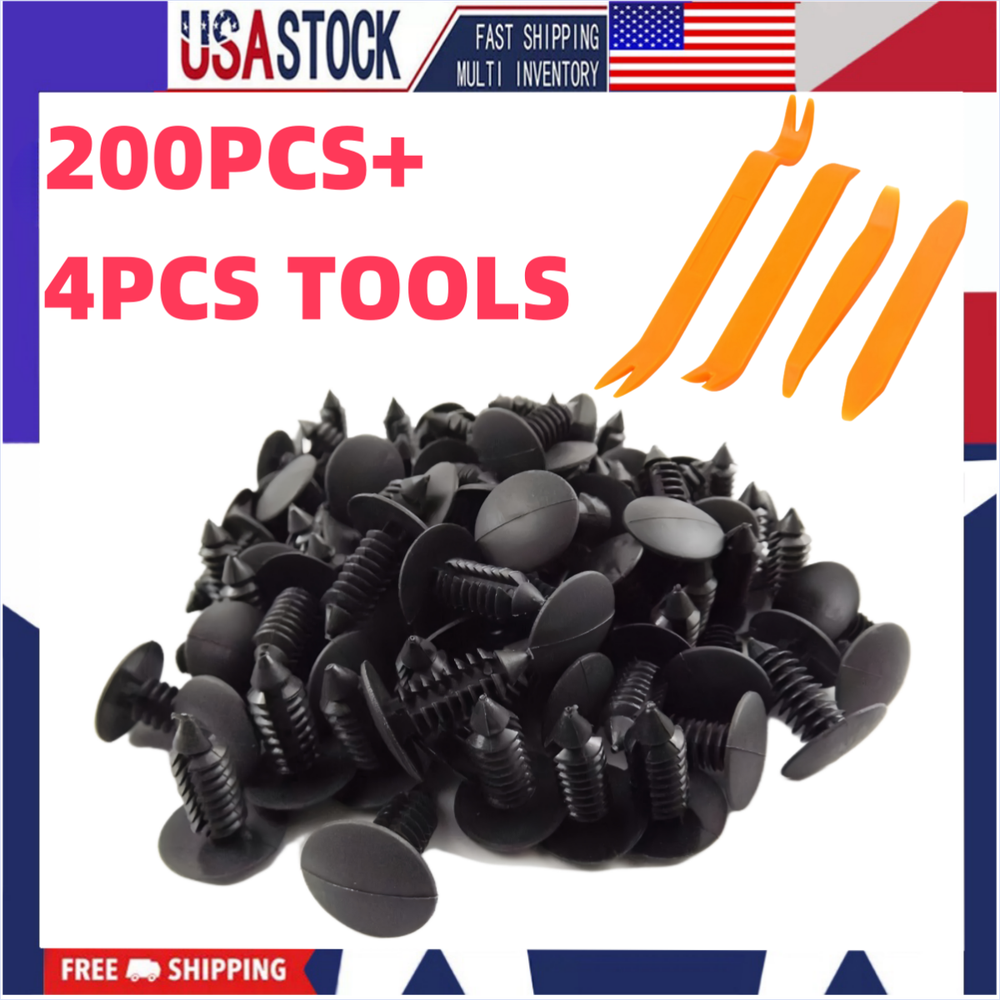 200PCS Bumper Fastener Clips+4PCS Tools Plastic Rivets Retainer Fender Push Pin