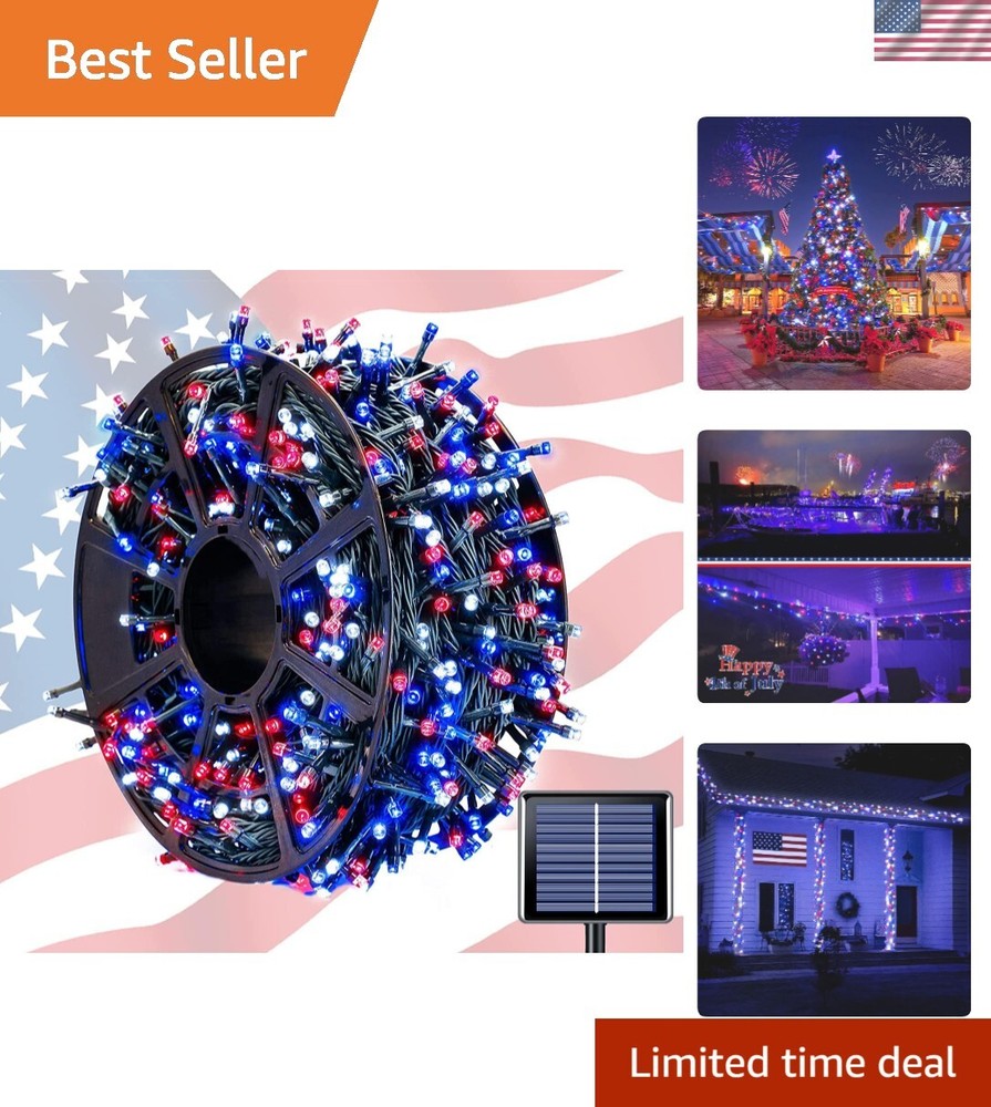 600 LED 4th of July Decorations Solar Lights, Red White and Blue Lights Outdo...
