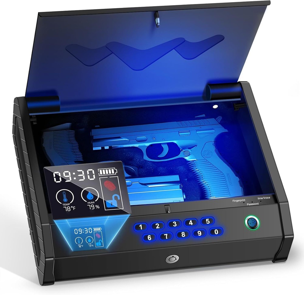 Biometric Gun Safes for Handgun with LCD of Temp Humidity Battery, USB-C Port-image