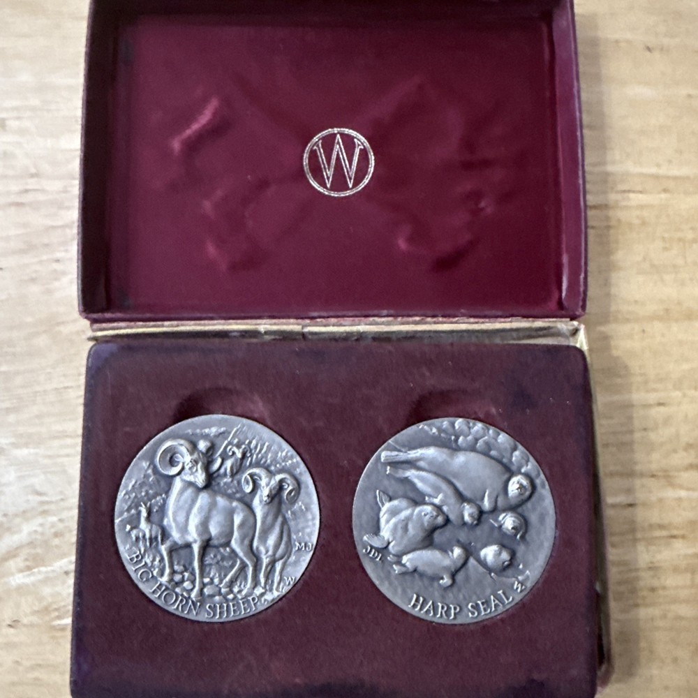 Longines Symphonette Sterling Silver Round Big Horn Sheep & Harp Seal -2 Coins