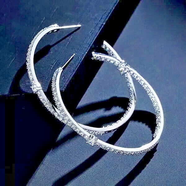 3Ct Round Cut Simulated Diamond Women's Hoop Earrings In 14k White Gold Plated