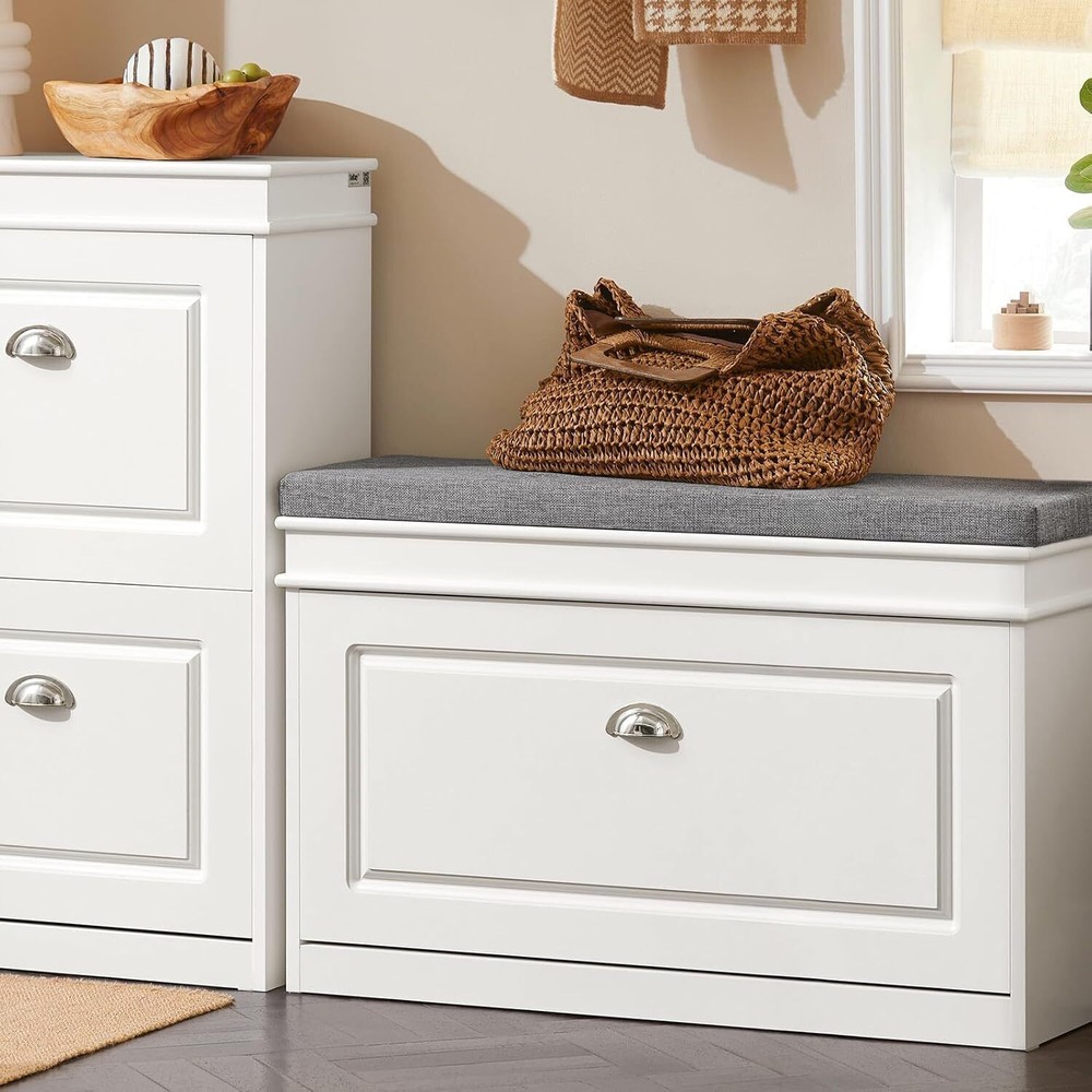 White Narrow Shoe Storage Bench with Cushion for Entryway