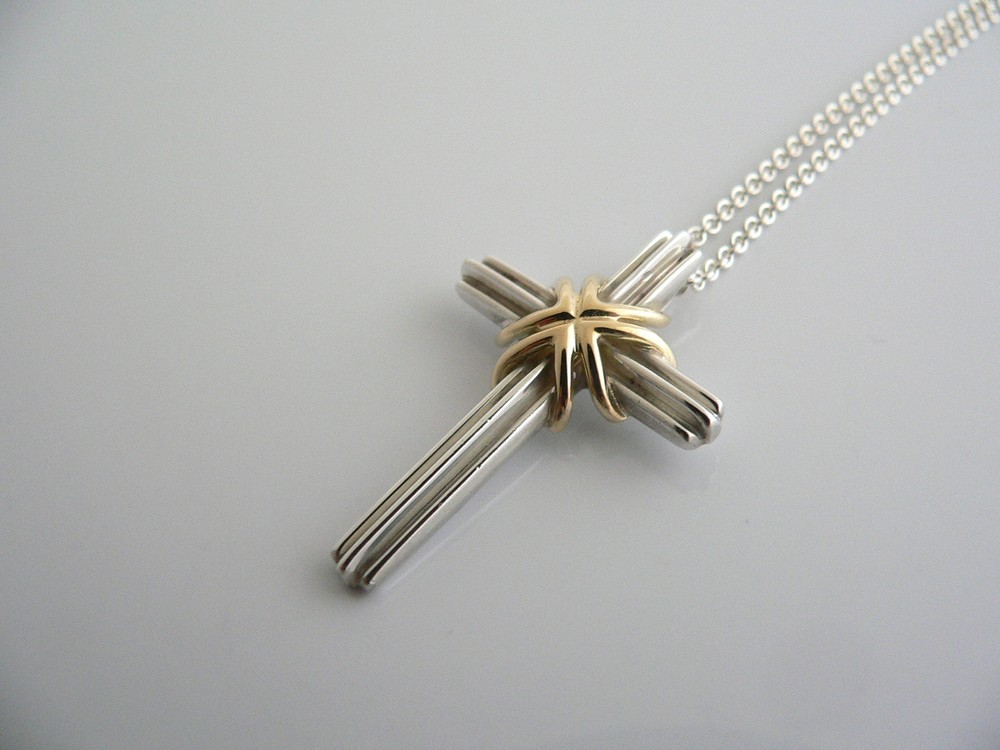Tiffany & Co Silver 18K Gold Cross Necklace Pendant Charm 18 In Chain Gift Love