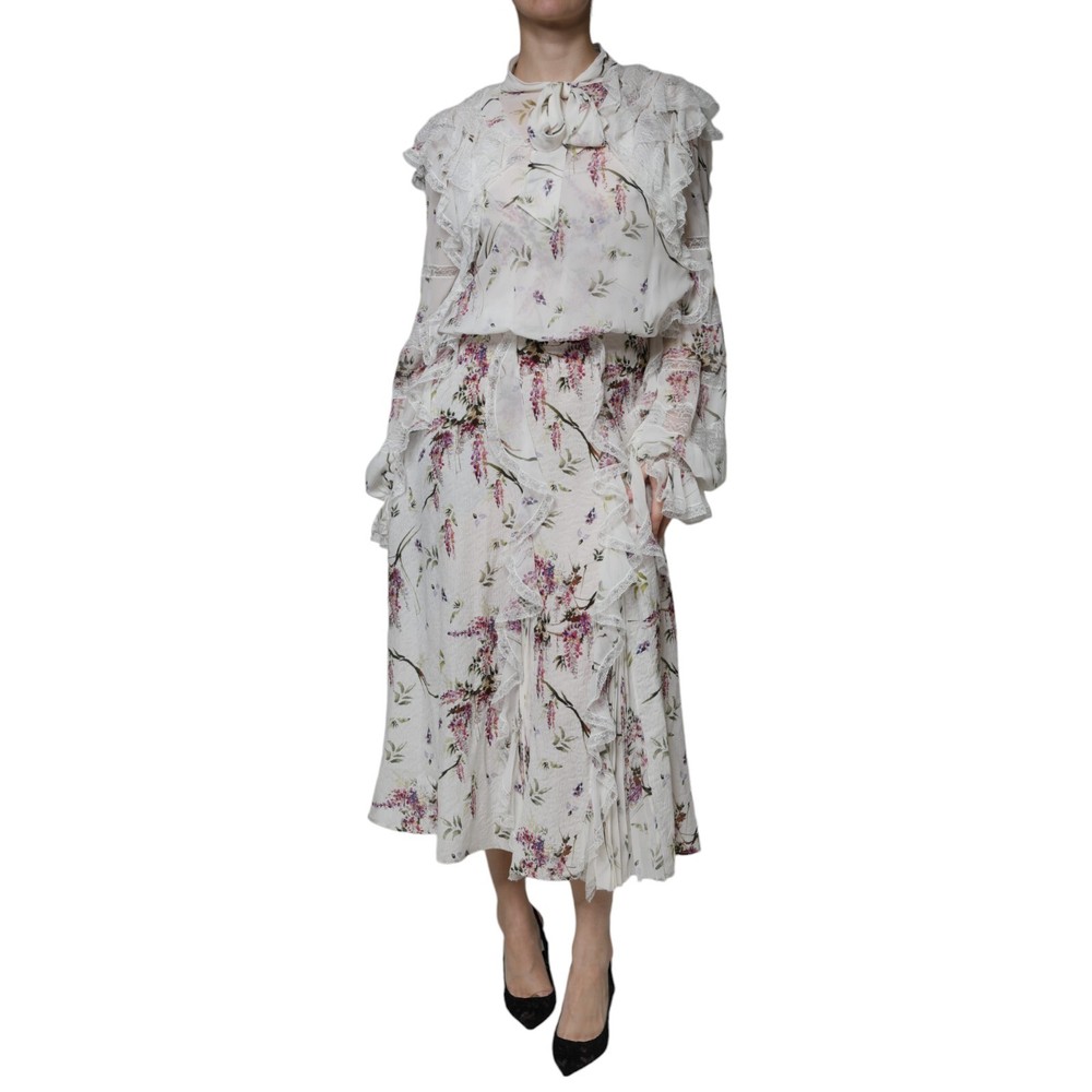 ERMANNO SCERVINO Dress White Floral Ruffles Lace Long Sleeves Maxi IT44/US10/L 4