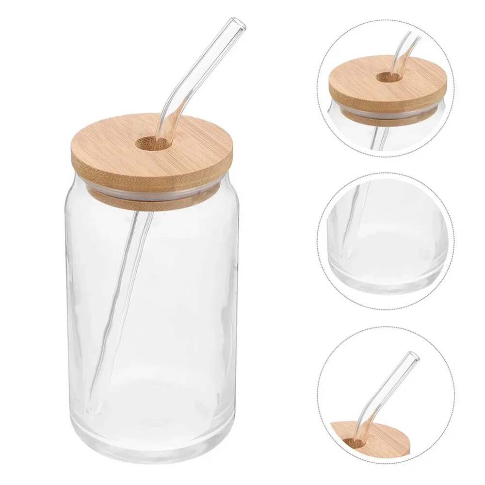 350-550ml Can-Shaped Glass Cup with Bamboo Lid & Glass Straw