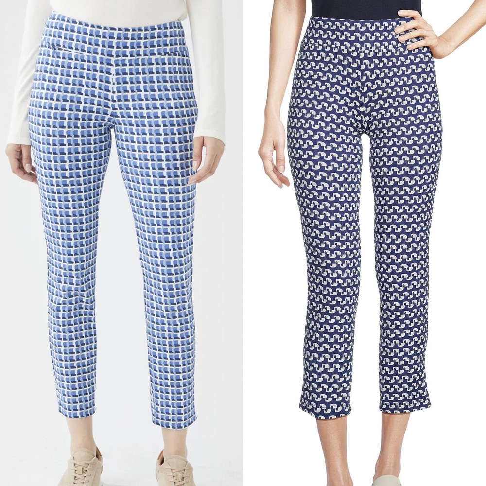 J. McLaughlin NWT Newport Capri Pants White/Blue Mini Raffia Patch Sz XS Stretch