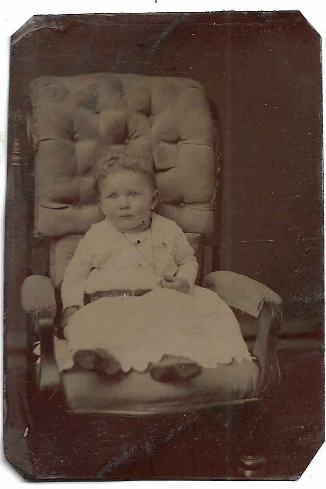 Wonderful Tintype Photograph Small Gril Seated on Victorian Style Chair