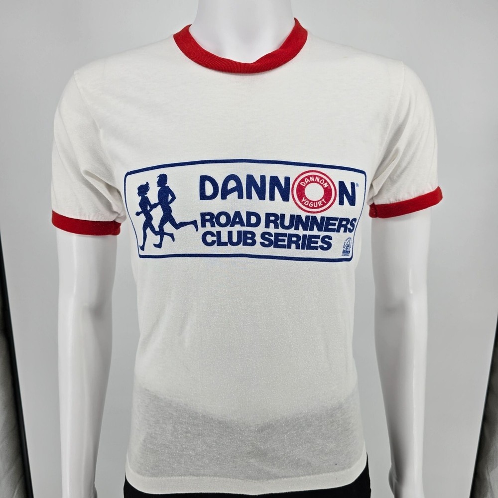 Vintage 1980s Dannon Road Runners Club Hartford 6.4 Miles Ringer T-Shirt (S)
