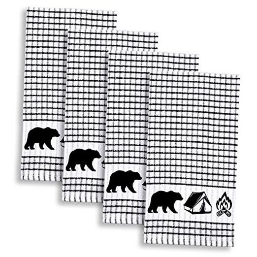 Wilderness Camping Terrycloth Kitchen Towels Windowpane Check Fabric, Black