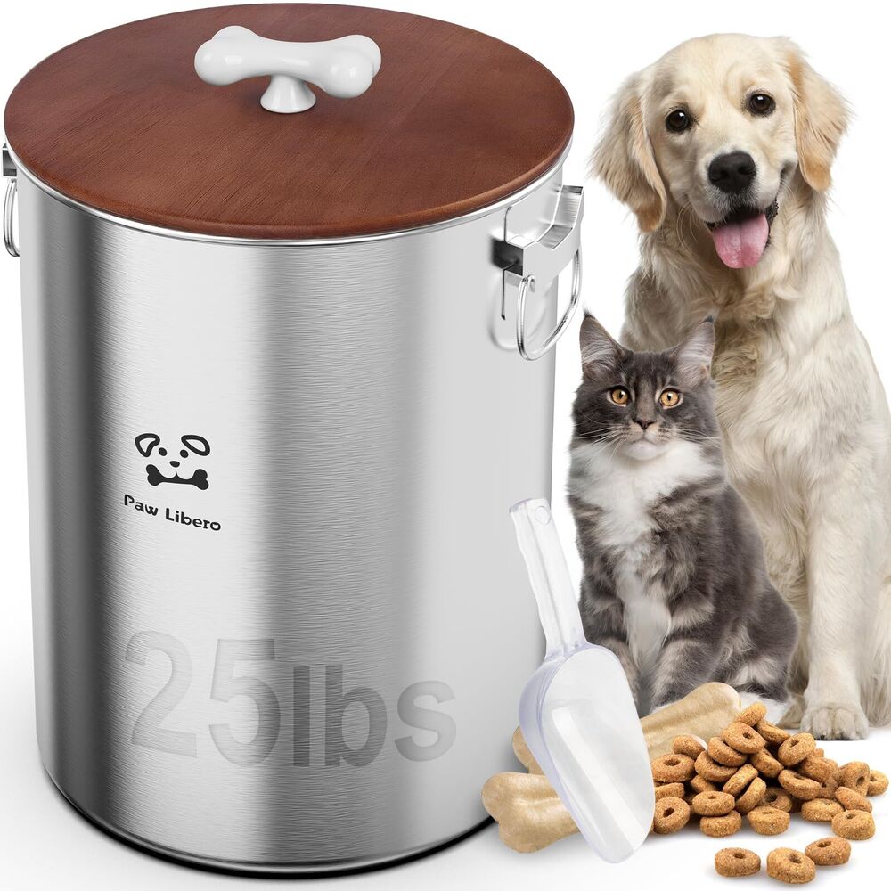 24-25 Lbs Stainless Steel Large Dog Food Storage Container with Airtight Wood...
