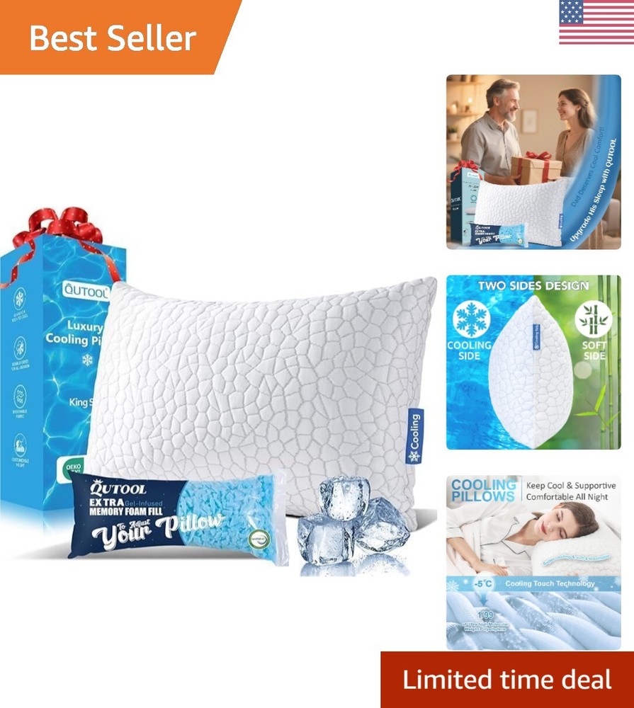 King Size Cooling Gel Pillow - Shredded Memory Foam for Hot Sleepers Comfort