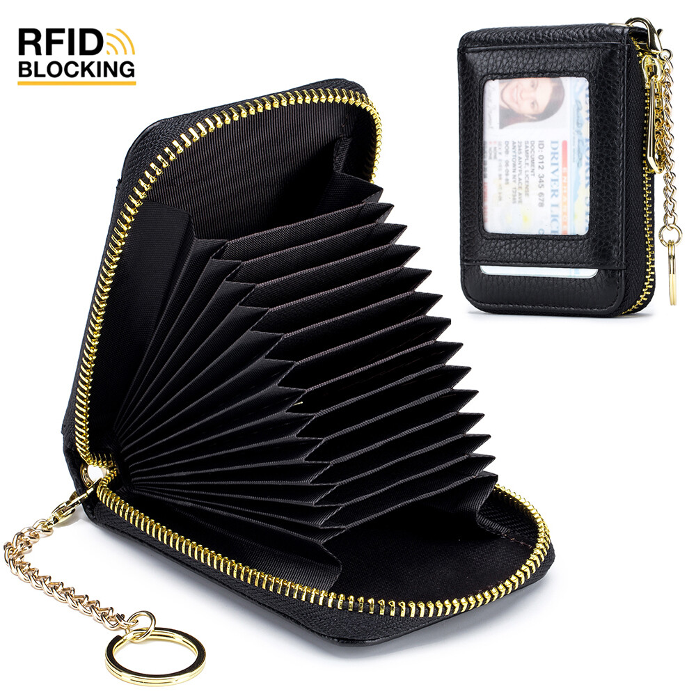 RFID Blocking Genuine Leather Zipper Wallet with Keychain for Credit Cards-image