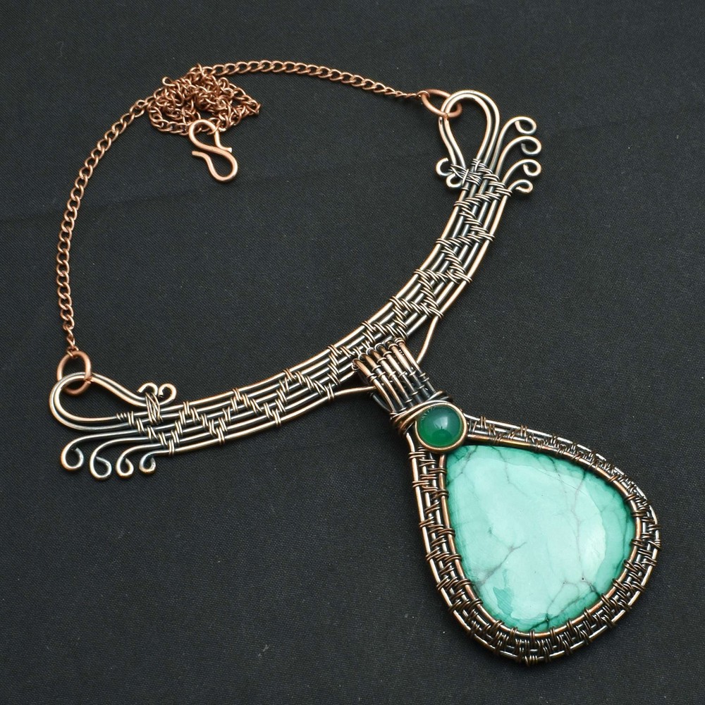 Dendrite Opal Green Onyx Handmade Copper Wire Necklace Jewelry 49 Gms AN 53196