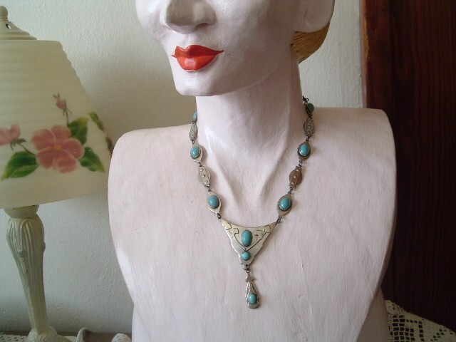 Elegant Silver Glass Turquoise Beaded Arts and Crafts Necklace