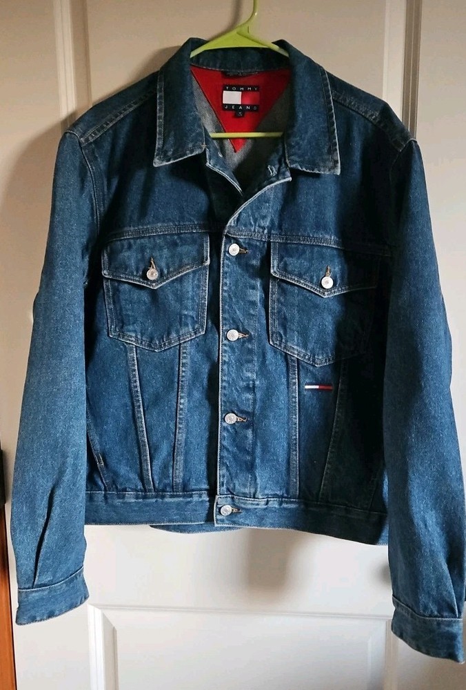 Tommy Hilfiger 90s Red Denim Jacket with Nylon Trim Men's Size M Vintage